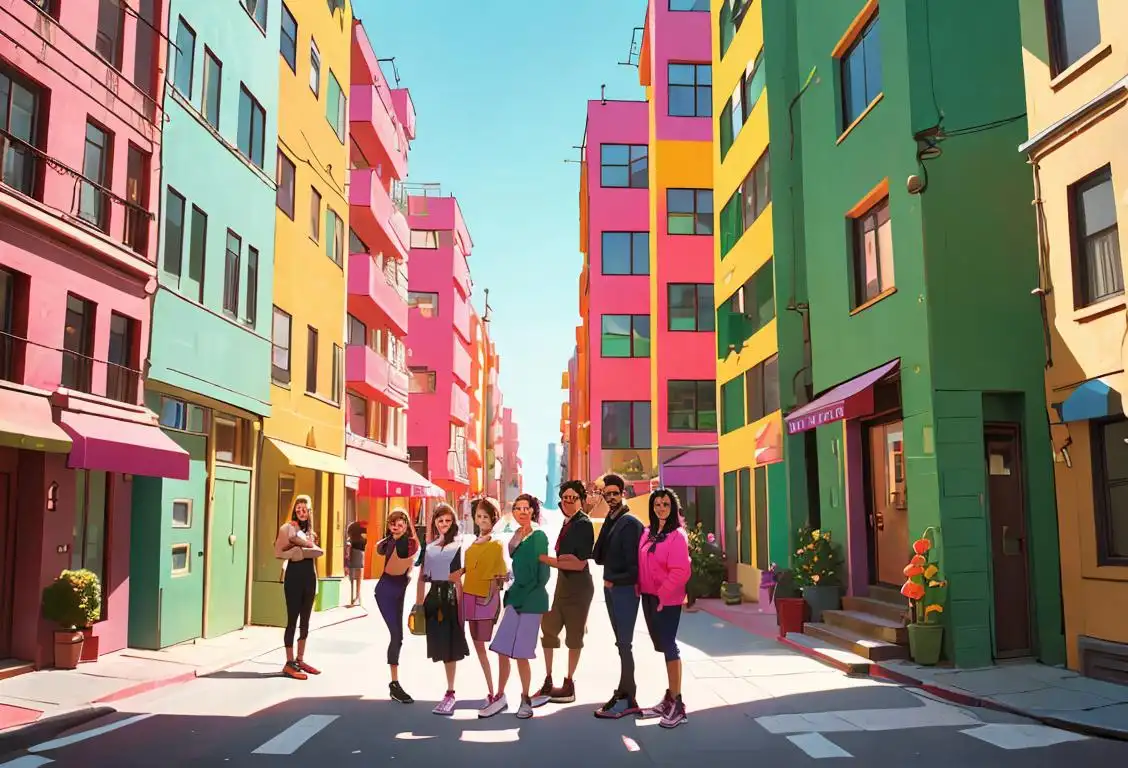 A diverse group of people standing in front of a colorful apartment building, wearing trendy clothes, urban city setting..