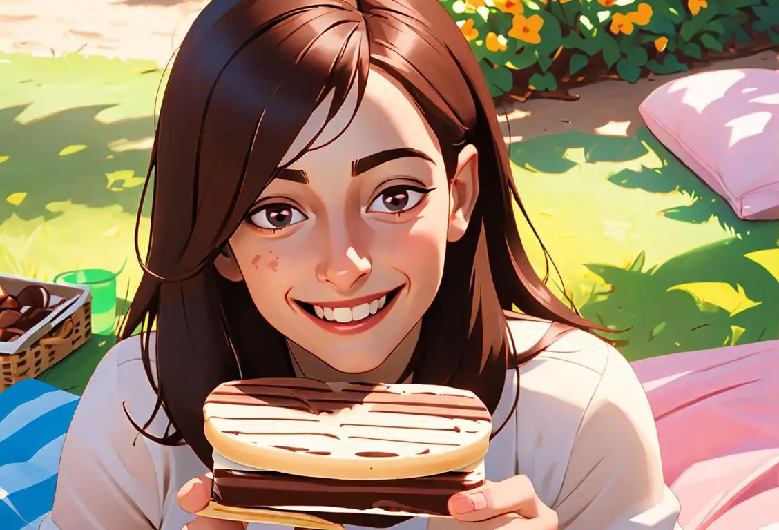 A delighted person holding a chocolate wafer with a smiling face, surrounded by a picnic scene on a sunny day..