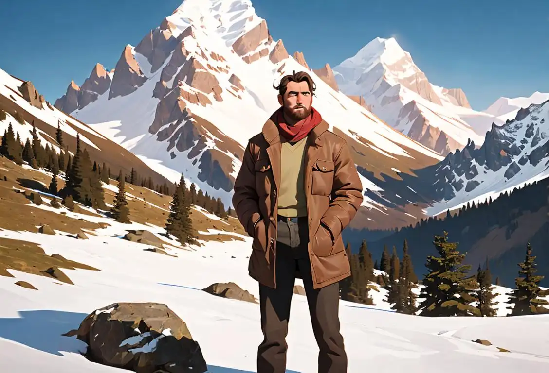 A confident man in rugged outdoor attire, confidently standing in front of a majestic mountain landscape..
