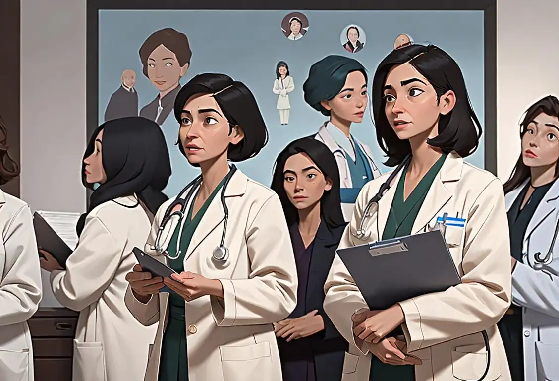 A diverse group of women physicians in white coats with stethoscopes, representing their dedication to healthcare. Add a backdrop of a bustling hospital to capture their environment..