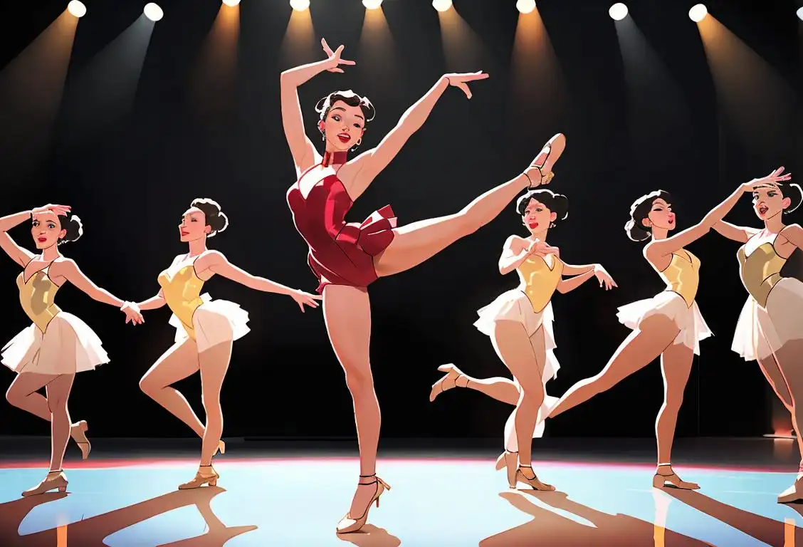 Woman wearing tap shoes, performing a lively routine on a stage with a classic theater backdrop, surrounded by fellow dancers..