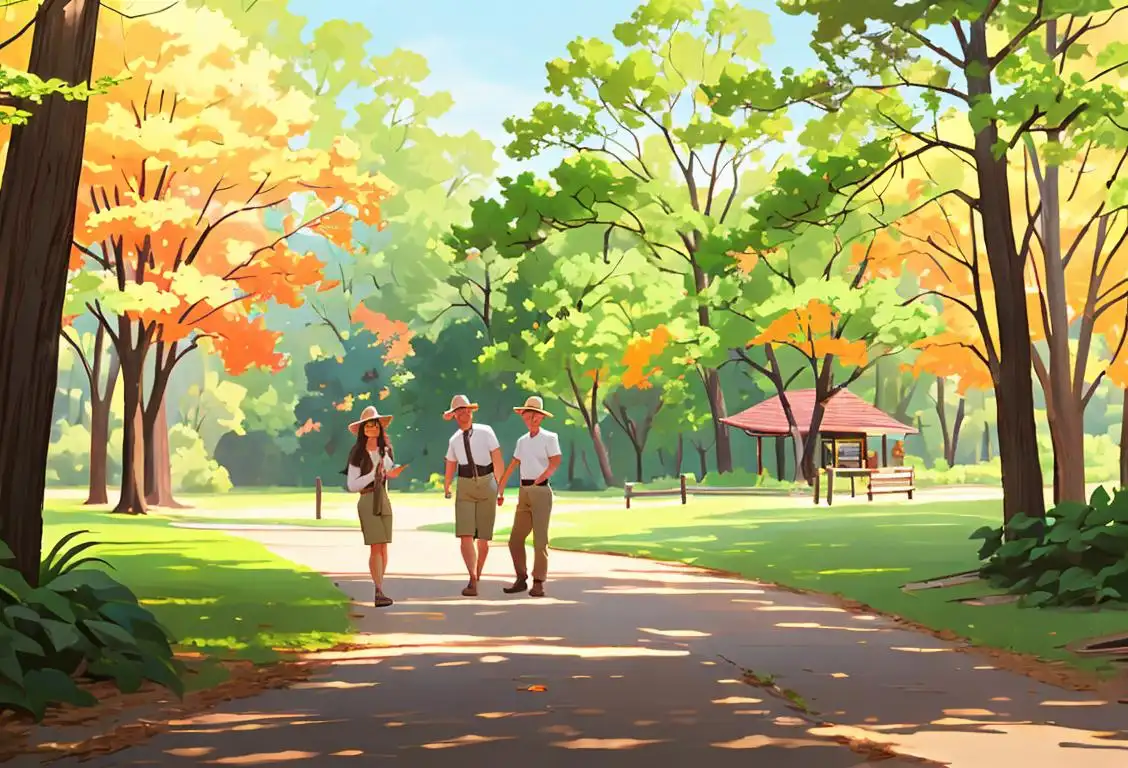 A group of people in casual attire, exploring a scenic natural park in Arkansas, with a smiling park ranger guiding them..