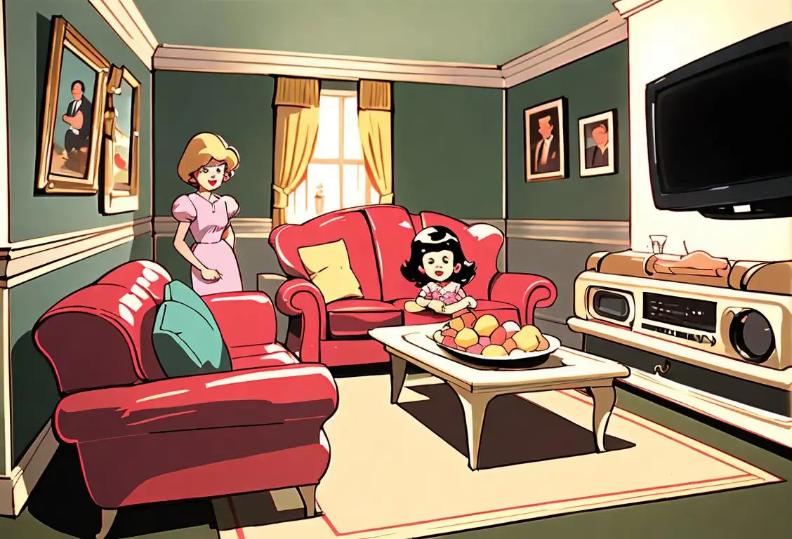 A family gathering around a retro television set, dressed in 80s fashion, with vintage decor in the background..