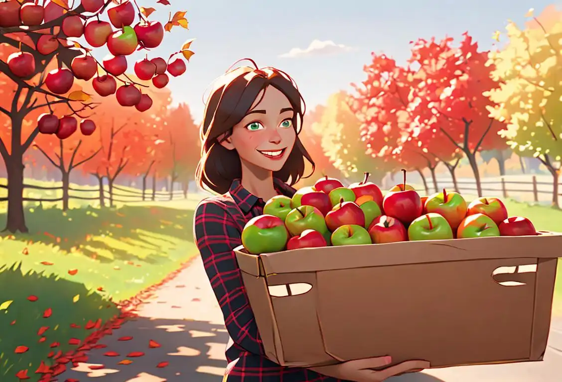 A cheerful person, wearing a flannel shirt, with a basket full of apples, autumn scenery in the background..