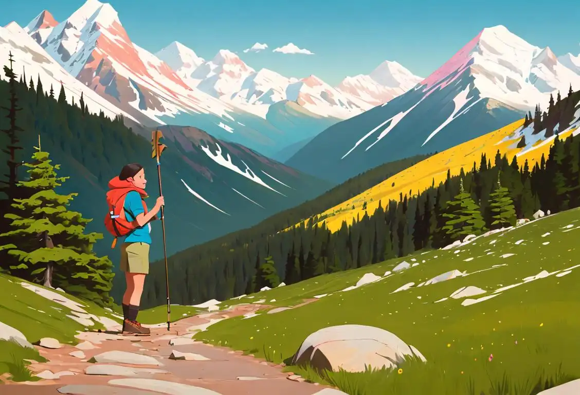An image of a serene mountain landscape with a hiker wearing colorful hiking gear, capturing the breathtaking beauty of a national park..