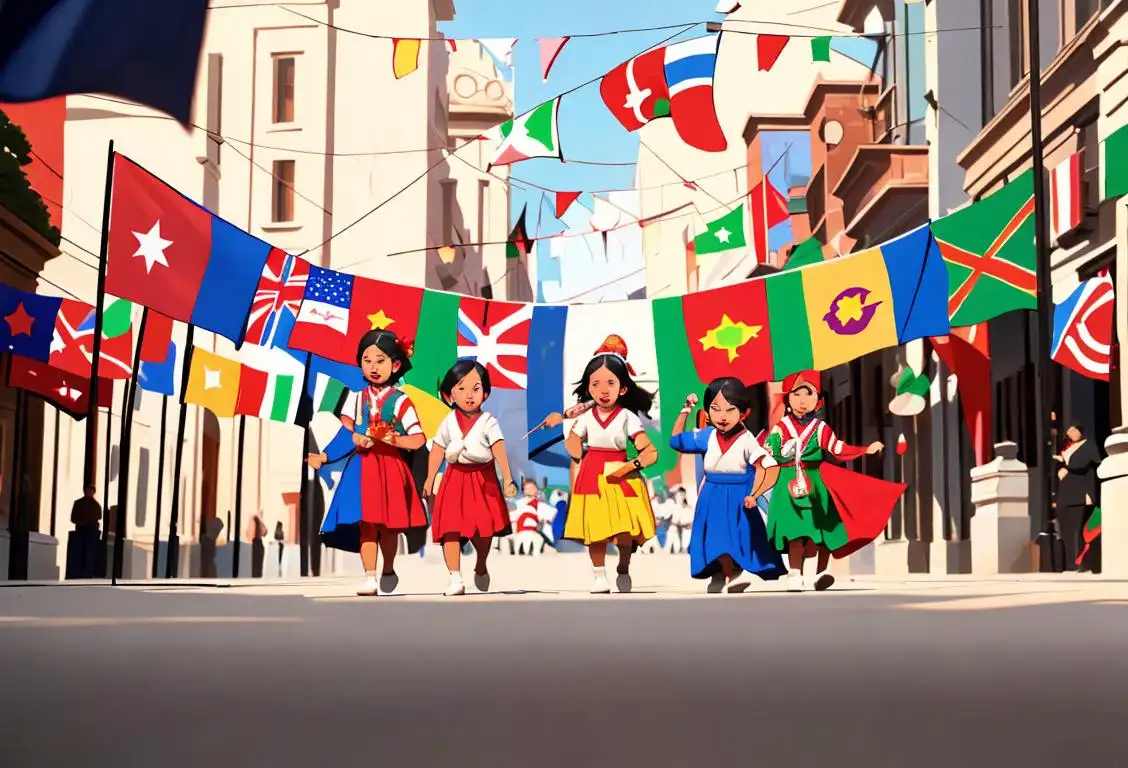 Group of diverse children holding the national flag, dressed in traditional attire, surrounded by festive decorations..