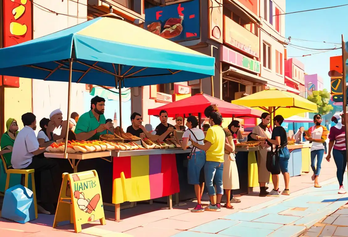 A diverse group of people gathered around a street food vendor, enjoying delicious kebabs. Vibrant colors, trendy clothing, urban setting..