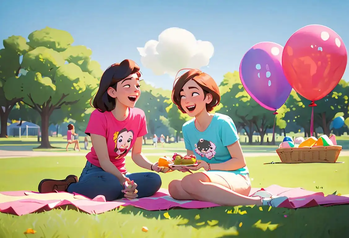 Two friends having a picnic in a park, wearing matching t-shirts, surrounded by balloons and laughter..