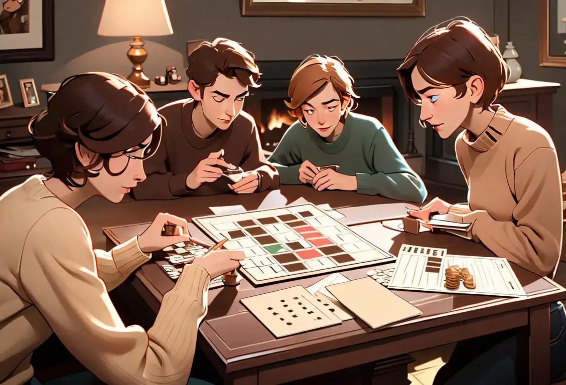 A group of friends huddled around a Scrabble board, wearing cozy sweaters, in a cozy living room setting with hot cocoa on the table..