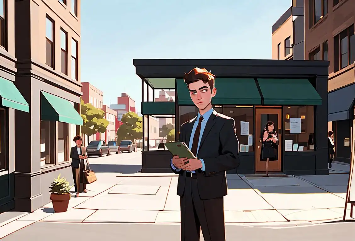 Young person wearing professional attire, carrying a briefcase, standing in front of an office building with a bold coffee shop in the foreground..