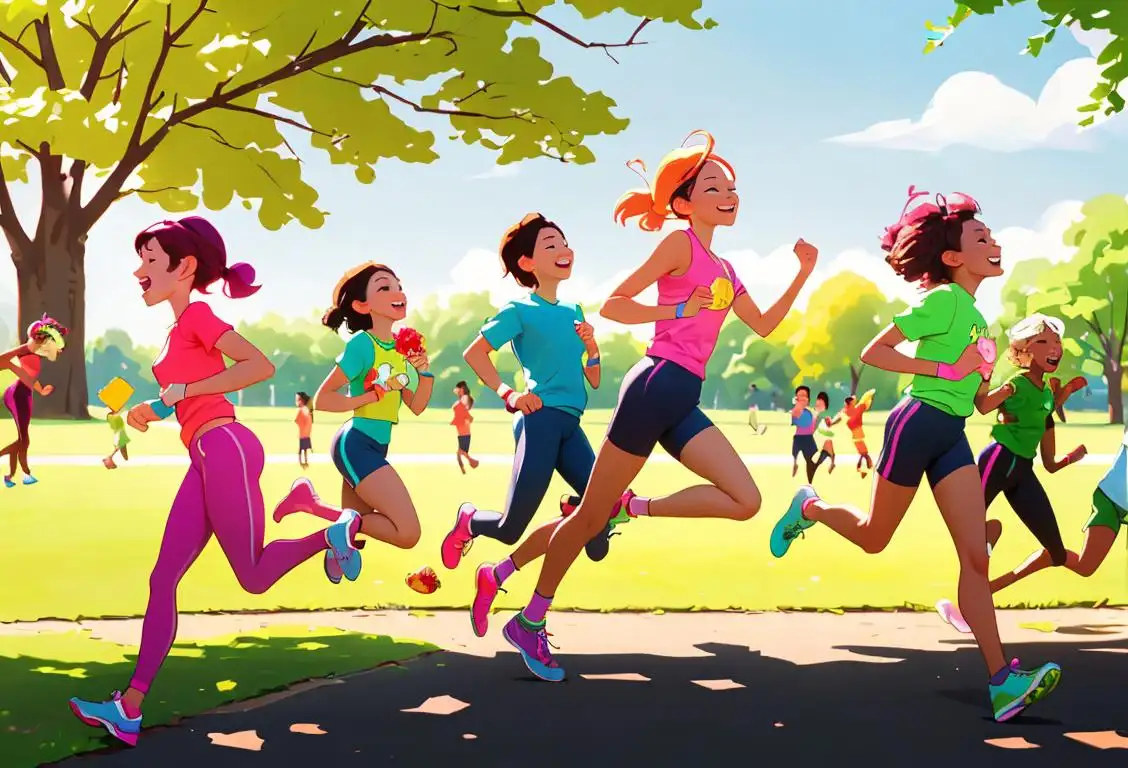 A group of smiling runners enjoying a nutritious picnic after a refreshing run in a vibrant park, wearing colorful activewear and surrounded by a cheering crowd..