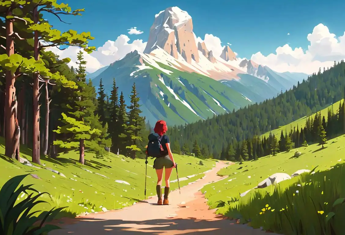 Young woman hiking in a national park, wearing hiking boots and a backpack, surrounded by lush greenery and majestic mountains..