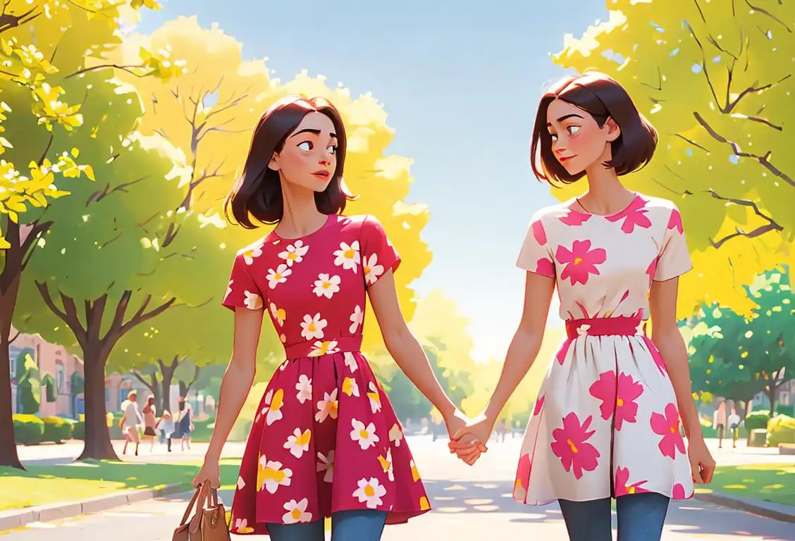 Two sisters holding hands, one wearing a floral dress, the other in jeans and a t-shirt, walking in a sunny park..