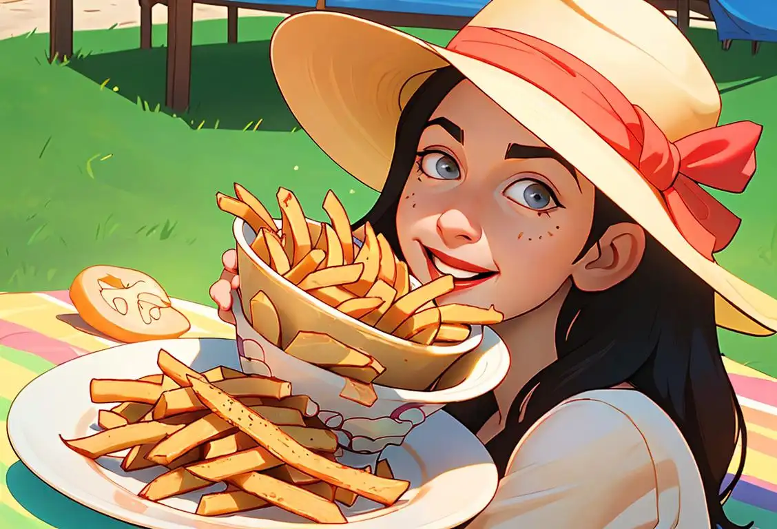 A joyful person holding a plate filled with crispy, golden julienne fries, wearing a colorful hat, vibrant summer picnic setting..