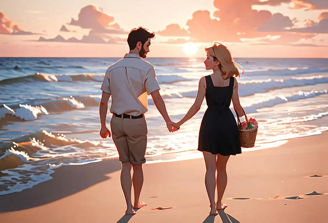 Beautiful couple holding hands, walking on a sandy beach at sunset, with a picnic basket nearby..