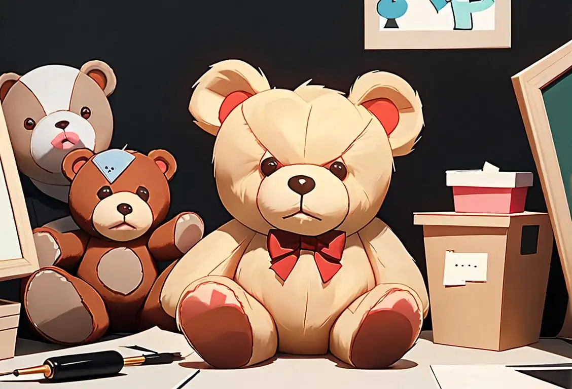Professional office setting with a cheerful person holding a teddy bear, wearing a business suit, surrounded by office supplies and a sign that says 'National Bring Your Teddy Bear to Work Day!'.