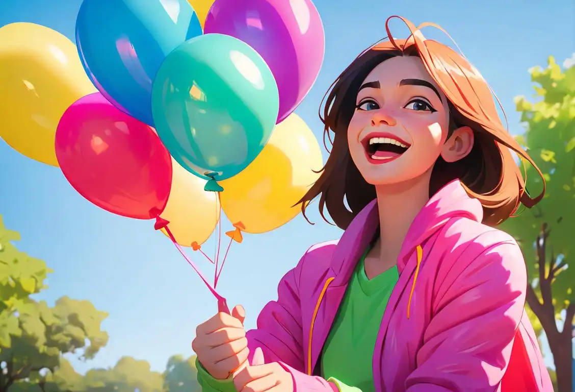 Young person laughing and holding a balloon, wearing bright and colorful clothes, in a park filled with joyful people..