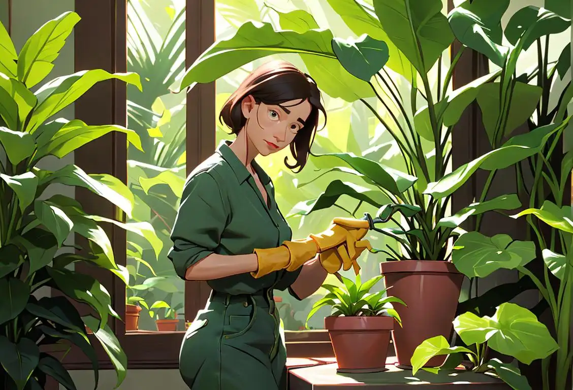 A person tending to a variety of houseplants, wearing gardening gloves and surrounded by lush greenery..