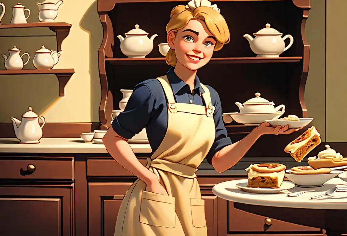 A smiling person in a retro kitchen, wearing a vintage apron, holding a freshly baked butter tart on a vintage plate..
