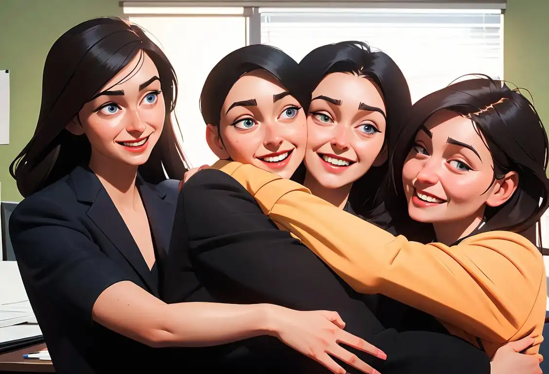 A group of employees enthusiastically hugging their smiling boss, dressed professionally, in a modern office setting..
