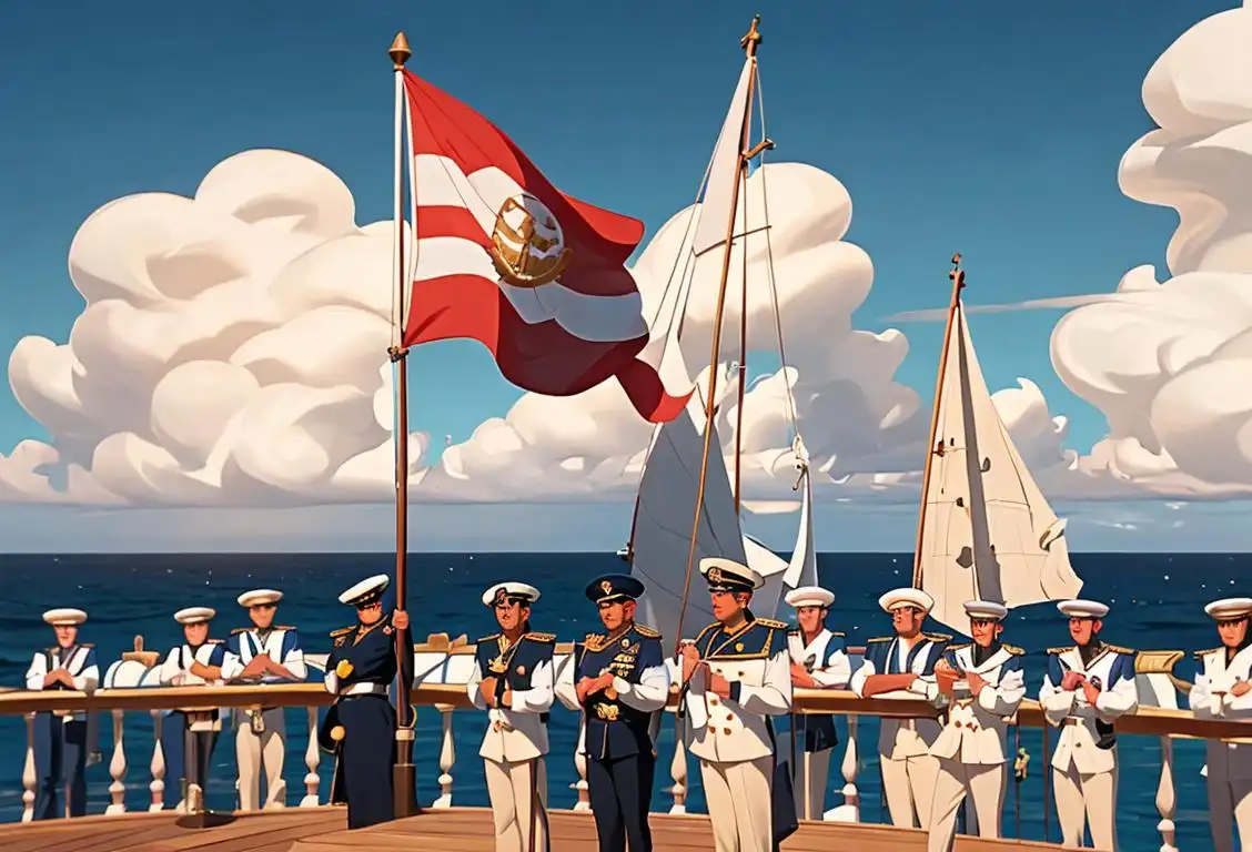 Diverse group of sailors raising flags, celebrating on a sunny ship deck, wearing naval attire, surrounded by majestic sea waves..