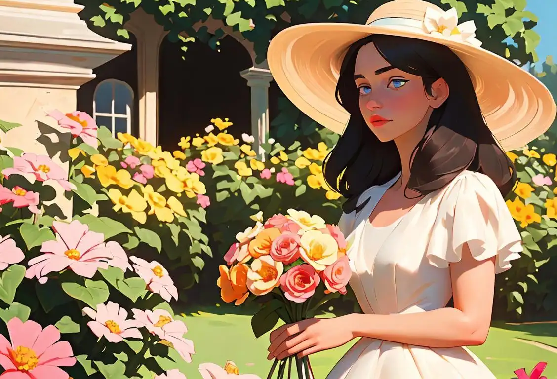 Young woman holding a bouquet of flowers, wearing a flowy dress and a wide-brimmed hat, in a sunny garden setting..