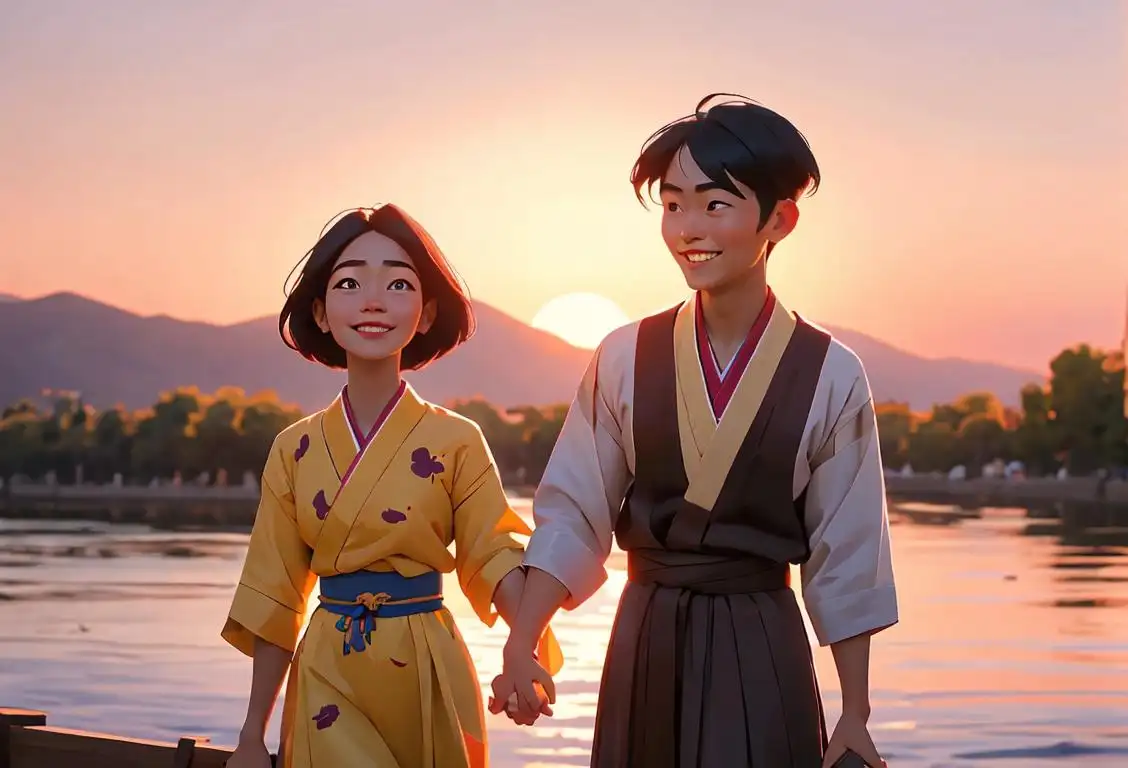 A diverse group of people from different cultures and backgrounds, holding hands and smiling, wearing traditional clothing from their respective countries, against a backdrop of a beautiful sunset..