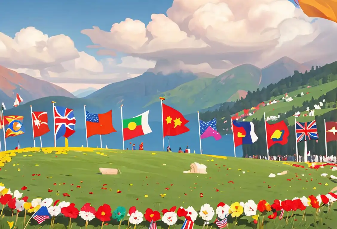 Colorful image representing National Flag Day. A diverse group of people proudly holding flags, dressed in their traditional attire, against a scenic backdrop..