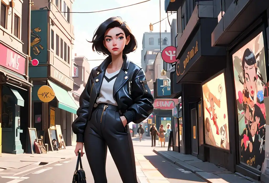 A young woman wearing a stylish jacket, fastening a zipper while standing in a bustling city street..