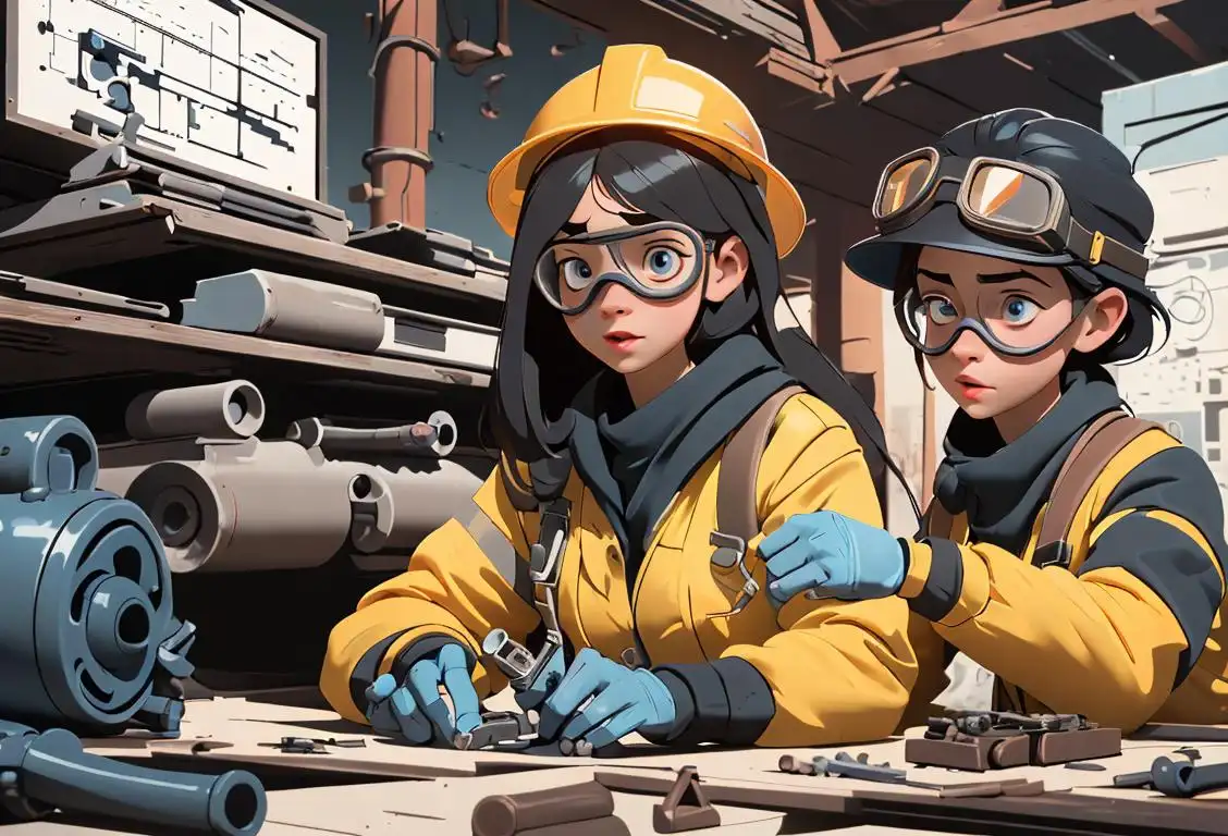 Young girls wearing safety goggles, hard hats, and holding engineering tools, surrounded by blueprints and futuristic technology..