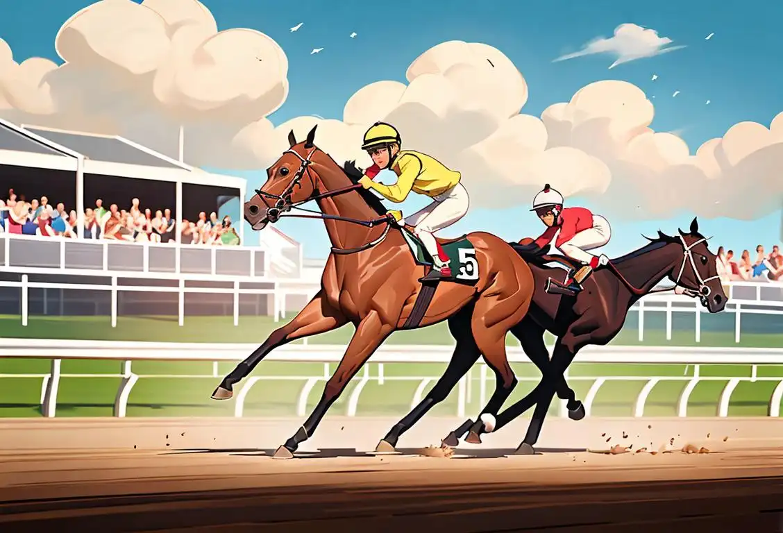 Jockey in bright race silks, riding a majestic horse, surrounded by cheering spectators at a bustling racetrack..