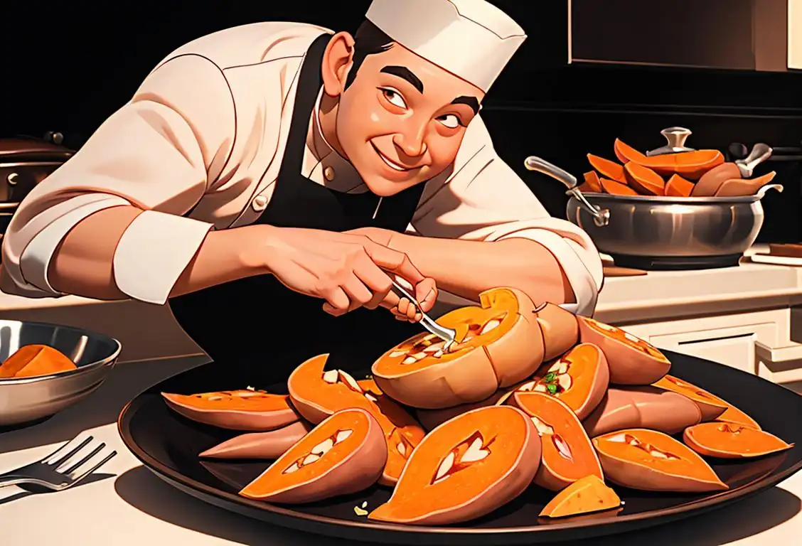 A smiling chef holding a plate of beautifully cooked sweet potatoes, wearing a classic chef's hat, kitchen setting with pots and pans..