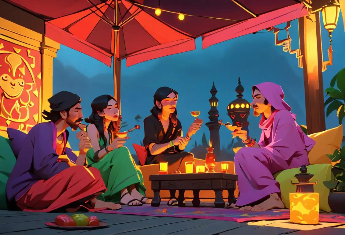 A group of friends enjoying a kush session while sitting in a cozy outdoor setting, surrounded by colorful hookah pipes and fragrant shisha flavors..