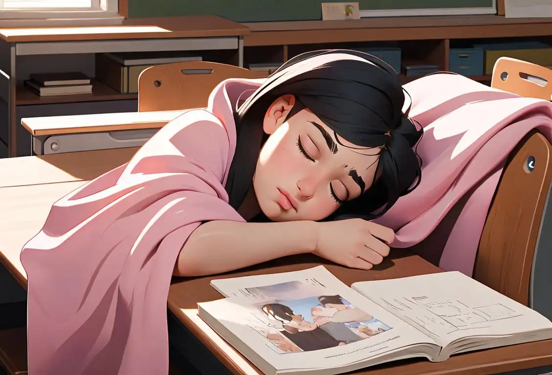 Young student sitting at a desk, peacefully sleeping with textbooks open and a cozy blanket draped over them, classroom setting..