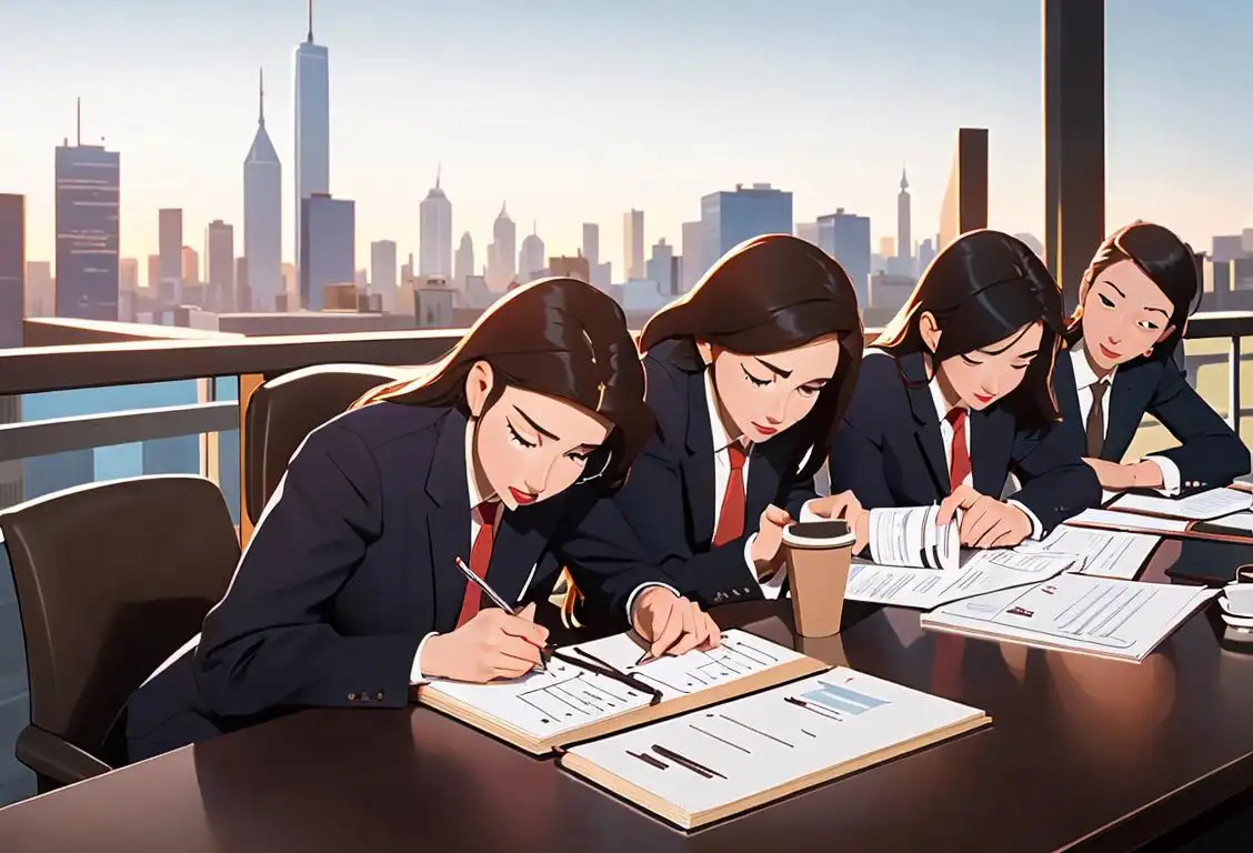 A group of diverse meeting planners in business attire, holding clipboards and coffee cups, with a city skyline in the background..