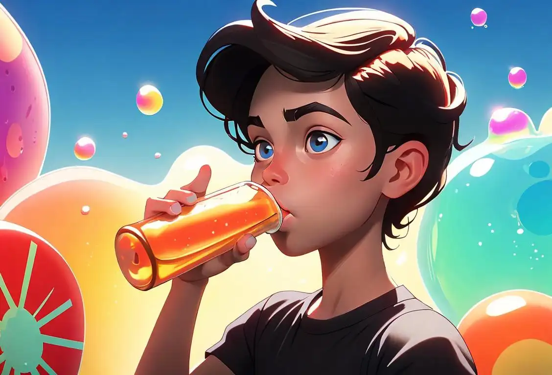 A young person sipping a carbonated beverage from a straw, wearing a retro outfit, surrounded by colorful bubbles..