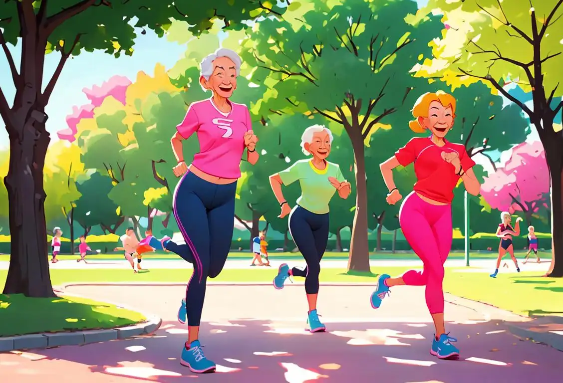 A group of happy seniors wearing colorful athletic wear, exercising outdoors in a vibrant park setting..