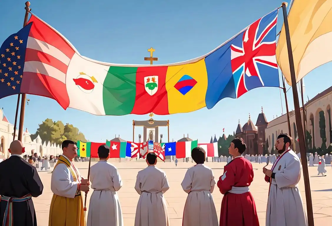 A diverse group of people in traditional clothing from different countries, holding their national flags, gathered around a place of worship..