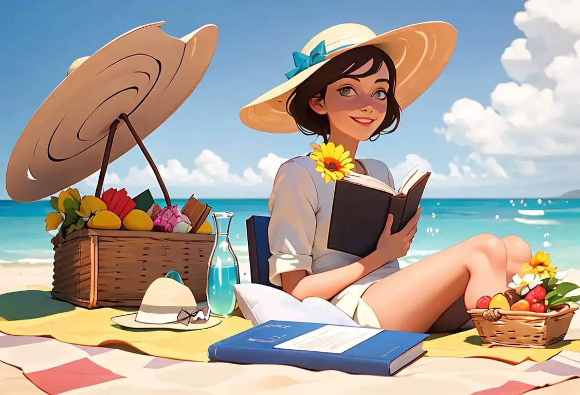 Happy person wearing a sun hat, relaxing on a beach with a picnic basket and a book, enjoying National Priority through May Day..