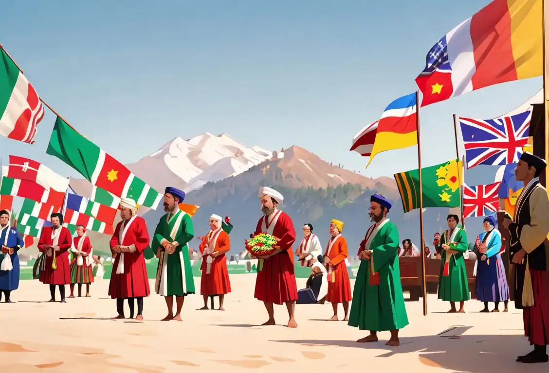 A diverse group of people, wearing traditional attire, gathered in festive celebration, with flags from different countries in the background..
