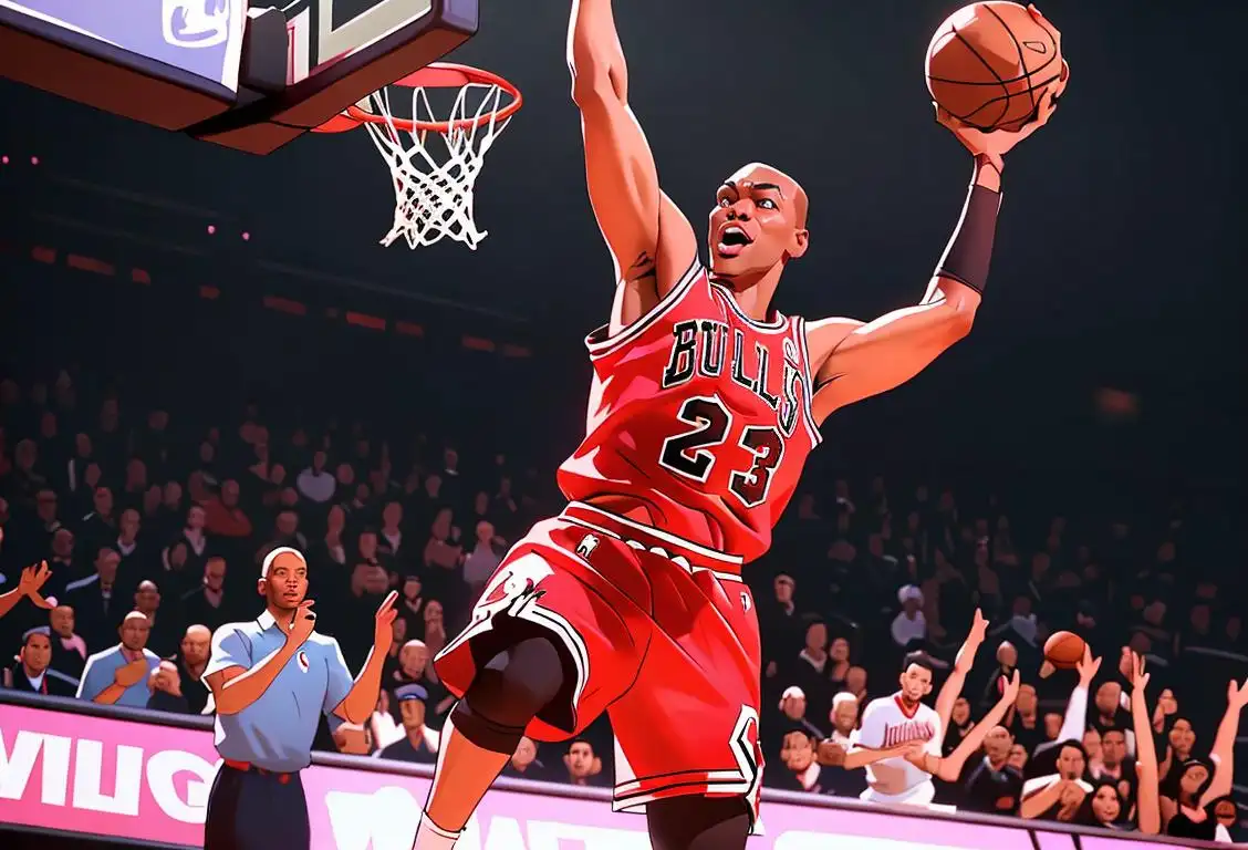 Animated gif of Michael Jordan spinning and dunking the basketball, wearing his iconic Chicago Bulls jersey, in a virtual basketball court with fans cheering in the background..