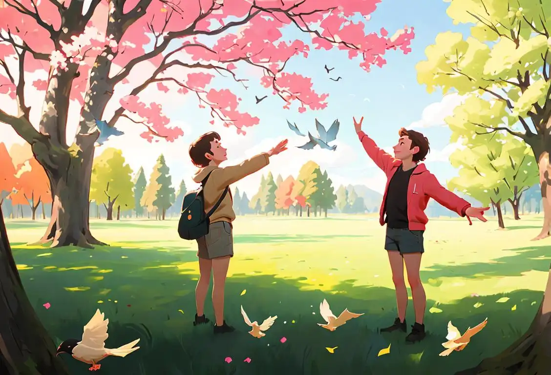 Two friends enjoying nature, one with arms outstretched and the other holding a device, surrounded by trees and birds..