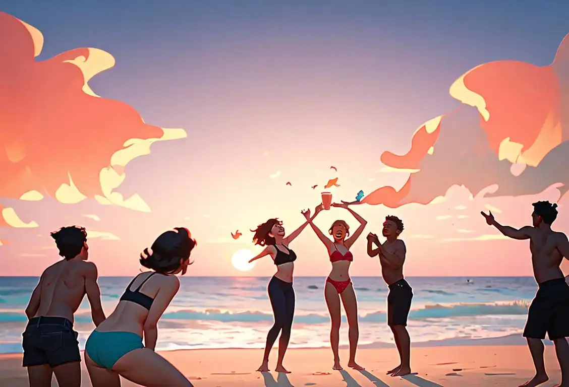 Group of diverse single people laughing and having fun at a beach bonfire party, beach fashion, sunset backdrop..