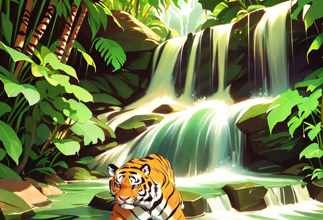A majestic tiger with vibrant stripes, roaming through a lush jungle, surrounded by tropical foliage and a shimmering waterfall..