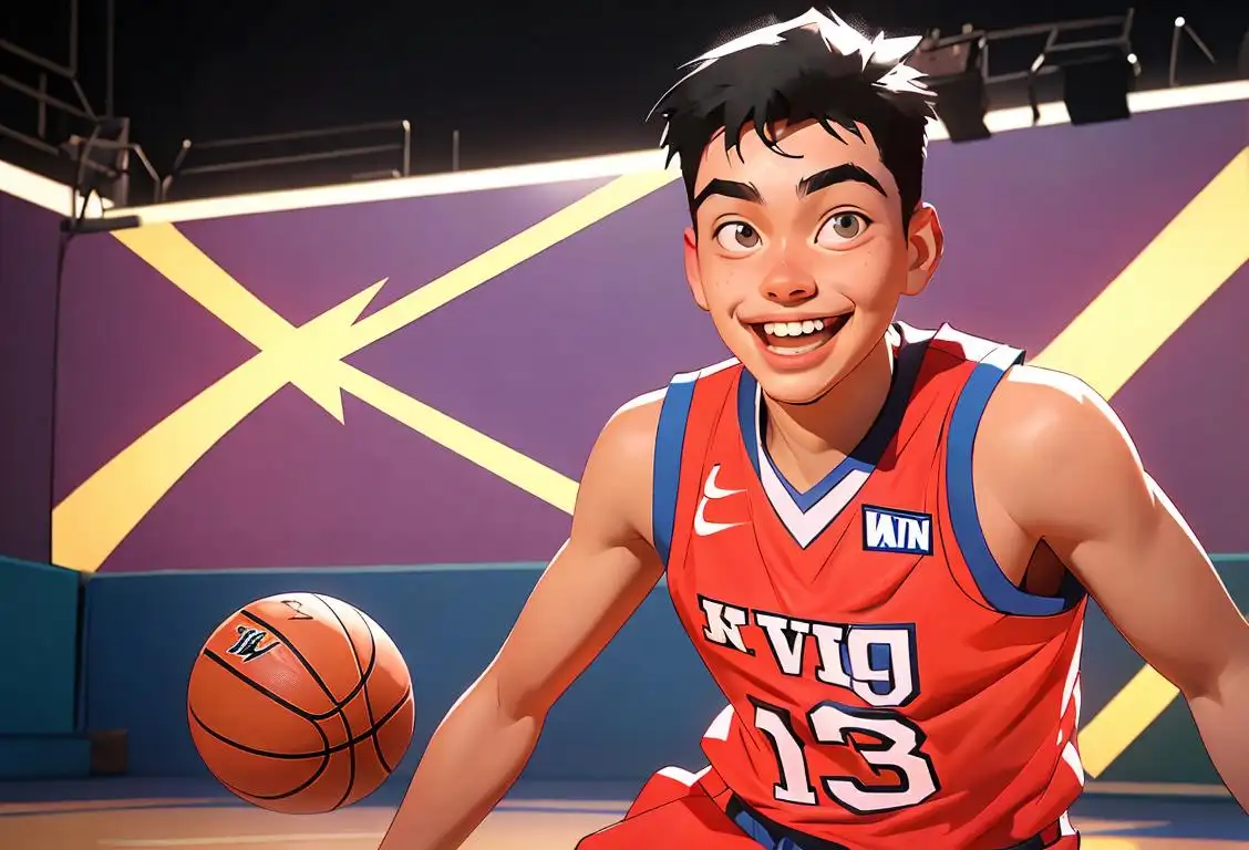 Matt Nieto smiling in a basketball jersey with fans cheering, vibrant basketball court setting, energetic atmosphere..