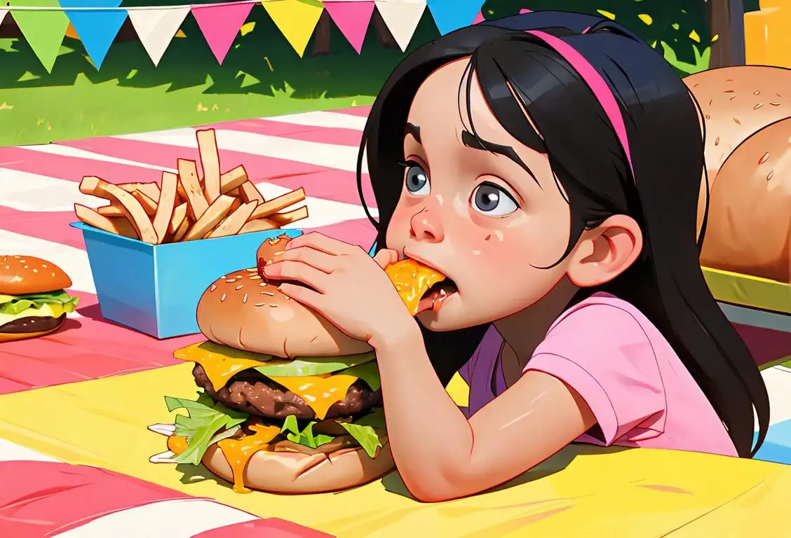 Cheerful child biting into a juicy burger, wearing a colorful apron, backyard picnic with friends..