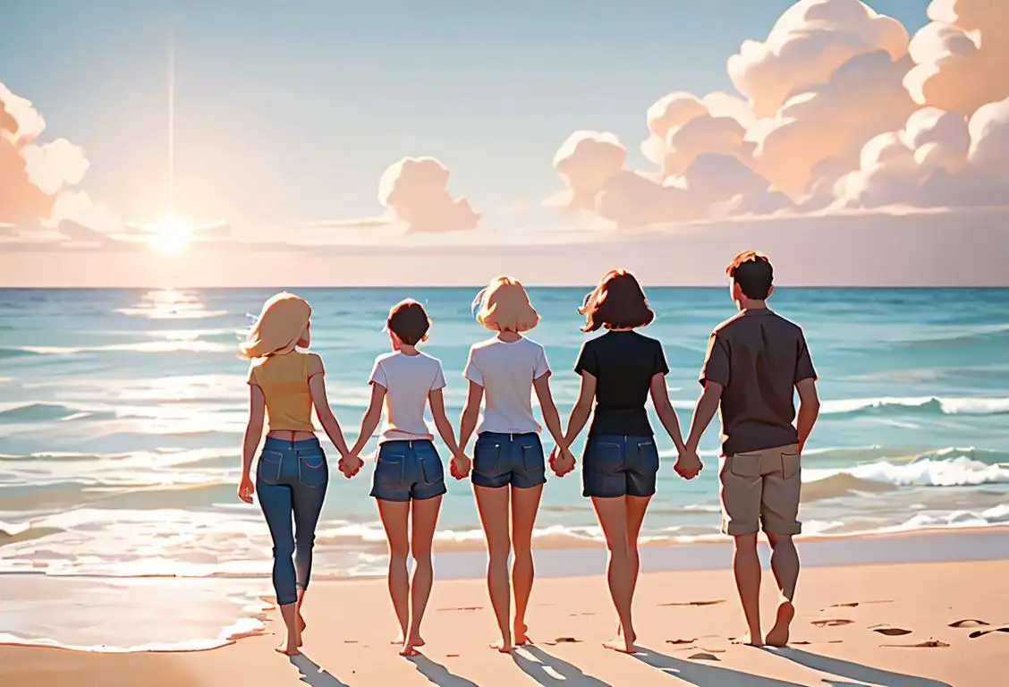 Group of diverse people holding hands and looking towards the sun, wearing casual clothing, beach setting..