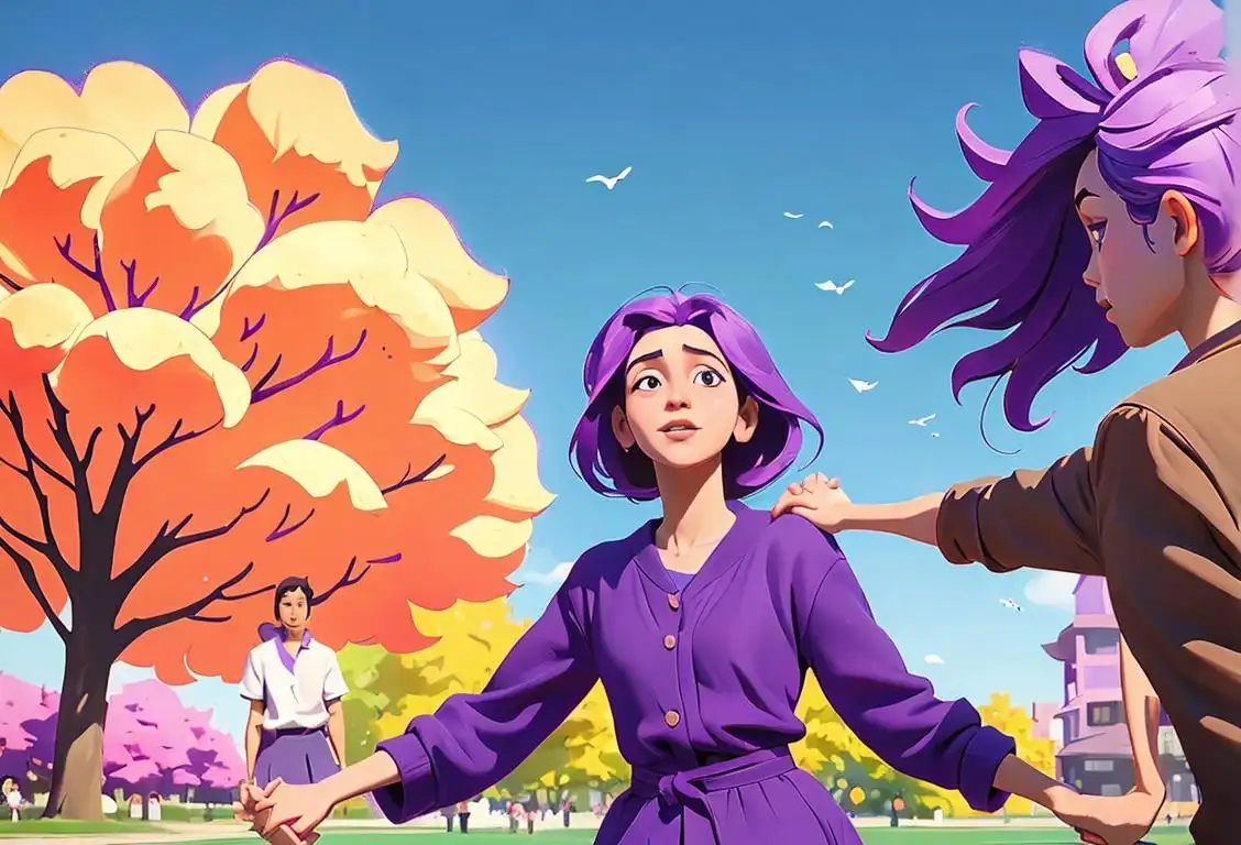 A group of diverse people wearing purple clothing, holding hands and reaching towards the sky, with a backdrop of a sunny park..