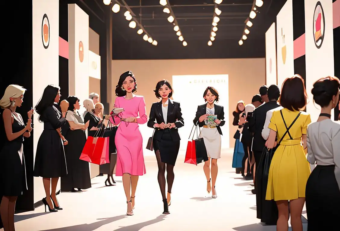 Young women in stylish outfits walking the runway, carrying shopping bags, surrounded by a fashionably decorated charity event..