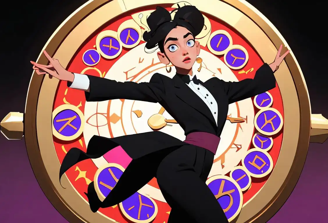 Young person dancing to a viral TikTok challenge, wearing a stylish outfit inspired by clock motifs, set against a vibrant digital backdrop..